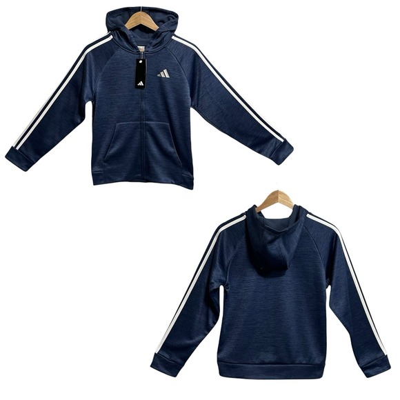 adidas Other - Adidas Boys Full Zip Fleece Hooded Track Jacket Sz M (10-12) Navy Blue 3-Stripe